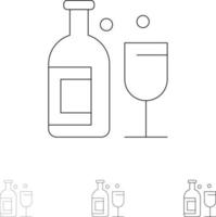 alcohol bar bebida whisky audaz y delgada línea negra conjunto de iconos vector