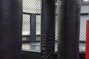 An octagonal kickboxing cage with boxing bags in the sports complex photo
