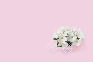 un juguete de bicicleta con flores blancas sobre un fondo rosa. el concepto de celebración, pancarta. copie el espacio el comienzo de la primavera y las vacaciones foto