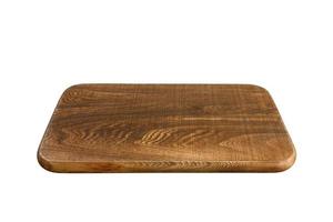 Empty wood cutting board isolated on white background. Perspective view photo