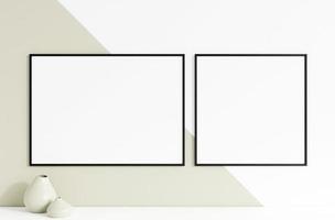 Minimalist clean square black photo frame mockup hanged in the wall. 3d rendering.