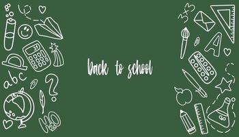 Doodle. Hand-drawn school supplies on a green background. Back to school. Vector illustration.