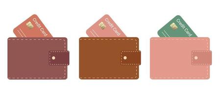 Set of multicolored wallet icons. Leather wallet. Isolated on white background.Payment by credit card, business concept. Vector illustration in a flat style