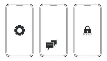 Mobile phone icon with different icons. Flat design style. Vector illustration.