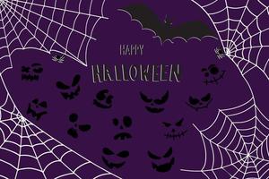 Bat, net and pumpkins. Halloween background with bat and hand drawn pumpkins. Black and white background. vector
