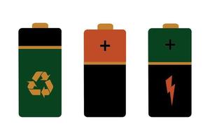 Vector illustration of isolated cylindrical batteries. Alkaline bottle, battery. Group of colored batteries of different sizes on a white background.