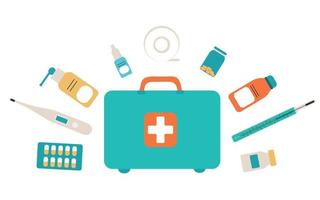 First aid kit isolated on white background. The concept of health, care and medical diagnosis. Flat design. Vector illustration.