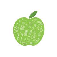 School design with green apple and learning materials. Doodle. Vector illustration.