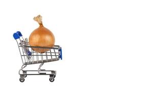 One large yellow onion in a husk in a shopping cart, white isolated background. photo