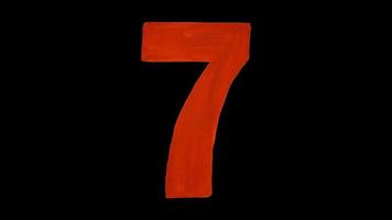 Red number seven drawn gouache. Isolated on a black background. Figure hand drawn by paint photo