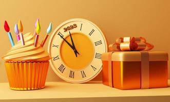 pastel de cumpleaños sorpresa y caja de regalo en un feliz año nuevo 2023, ilustración para el saludo de la víspera de Navidad, cartel realista cupcake clásico reloj de tiempo fondo de estilo dorado, diseño de representación 3d. foto
