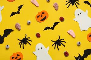 Happy Halloween. Top view of creative pattern made of decoration Halloween party. Halloween concept background photo