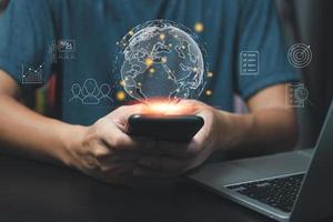 Hands of business holding global digital Technology education online networking and data exchanges connection icon virtual concept. photo