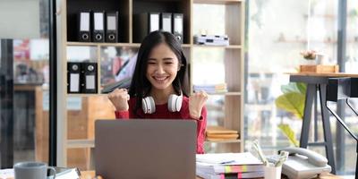Excited female feeling euphoric celebrating online win success achievement result, young woman happy about good email news, motivated by great offer or new opportunity, passed exam, got a job