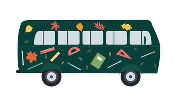 Vector design of a flat bus with drawings of school supplies on the bus. Back to school