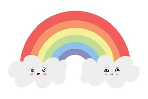 Colorful rainbow with white clouds in kawaii style. Rainbow vector icon on blue background.