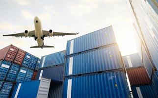 Air logistics. Cargo airplane flying above stack of logistic container. Cargo and shipping business. Container ship for export logistic. Logistic industry from port to port. Freight transportation. photo