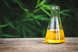 CBD Hemp oil, marijuana plant and cannabis oil on wooden table, medical marijuana oil concept photo