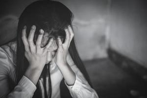 Work Failure Concept, Business Woman Having Headache. Stressed And Depressed Girl Touching Her Head, Feeling Pain. photo