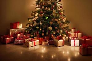 Many presents around the Christmas tree 3D illustration photo