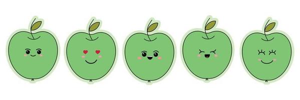 A set of stickers of funny emoticons on a green apple. Funny cartoon emoticons. Vector illustration isolated on white background