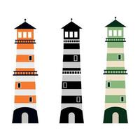 Set of multicolored lighthouse navigation object towers, template vector illustration isolated on white background.
