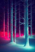 ilustración 3d de luces de neón de bosque nevado de navidad foto