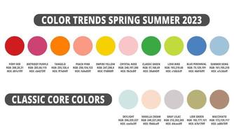 Fashion color trends spring summer 2023. Fashion color guide with named color swatches, RGB, HEX colors. Vector illustration