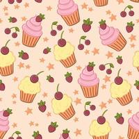 Background pattern with cupcakes, cherries and strawberries. vector