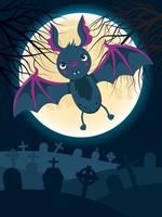 Halloween illustration with a bat and a graveyard in the background. vector