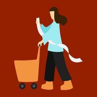 flat vector of woman shopping in supermarket with trolley or cart and shopping list or receipt in hands