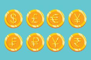 Money coin icon. Flat gold coin vector with currency symbol. isolate on white background.franc,rupe,ruble,pound dollar euro yuan yen