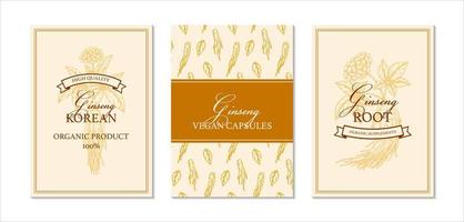 Set of hand drawn ginseng packaging designs. Botanical vector illustration in sketch style