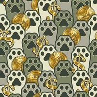 Money seamless pattern with raised up cats paws, gold coins, dollar sign. Raised up cats paws and gold coins, dollar sign between them. vector