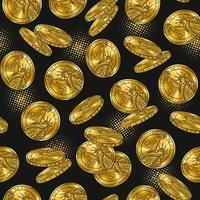 Money seamless pattern with falling shiny gold coins, dotty halftone circles on a dark background. vector