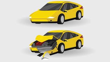vector de dibujos animados o ilustración isomática. El estado del auto deportivo amarillo de auto normal a auto resultó ligeramente dañado. paragolpes delantero gravemente dañado capó abierto roto.