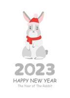 Happy new year 2023. Chinese Lunar New Year 2023, year of the rabbit. Large numbers with cute bunny, hare. Background Design for holiday decor, card, poster, banner, flyer vector