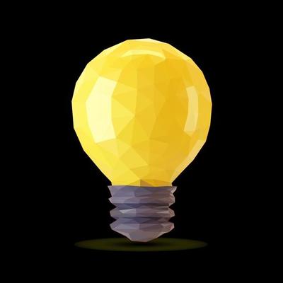 Yellow 3D low poly light bulb model. Polygon light bulb vector illustration on black background.