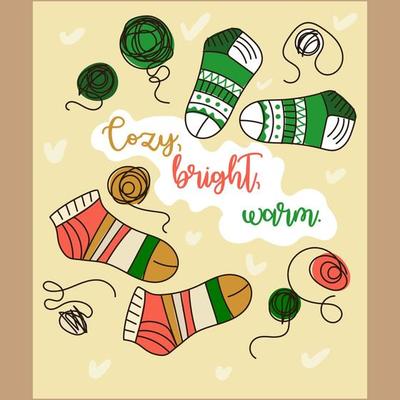 A postcard for autumn and winter. Cute, warm, cozy postcards with sketches of knitted socks and pleasant wishes. Suitable for printed products on paper and textiles.
