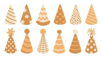Birthday party hats set, different colors and shapes. Vector illustration