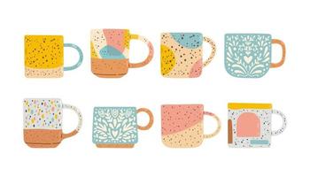 Collection of different modern cups decorated with design elements vector flat illustration