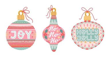Christmas decorations balls set with lettering flat design isolated vector illustration