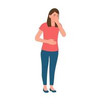 The woman suffers from nausea. Nausea during pregnancy, vomiting. Symptom of illness, health problems. Poisoning,Abdominal pain.Isolated flat vector illustration