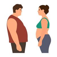 Man and woman in profile with   overweight. Problems with excess weight. The concept of bad eating habits, gluttony, obesity and unhealthy eating. Vector illustration