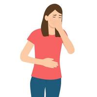 The woman suffers from nausea. Nausea during pregnancy, vomiting. Symptom of illness, health problems. Poisoning,Abdominal pain.Isolated flat vector illustration