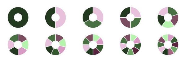 Segment wheels, donuts set. Ten slices pie chart. Colourful infographic. Fraction icons collection. Vector illustration.