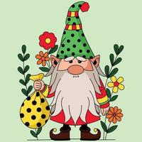 A cute Gnome holds a coin bag with a flower decoration background and colorful vector illustration