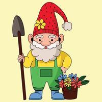 A cute Gnome with a shovel flower bucket and polka dot pattern hat colorful vector illustration