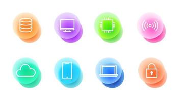 Technology icons set in glassmorphic style. Transparent blur glass effect icons. Vector illustration