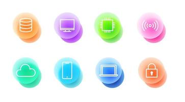 Technology icons set in glassmorphic style. Transparent blur glass effect icons. Vector illustration